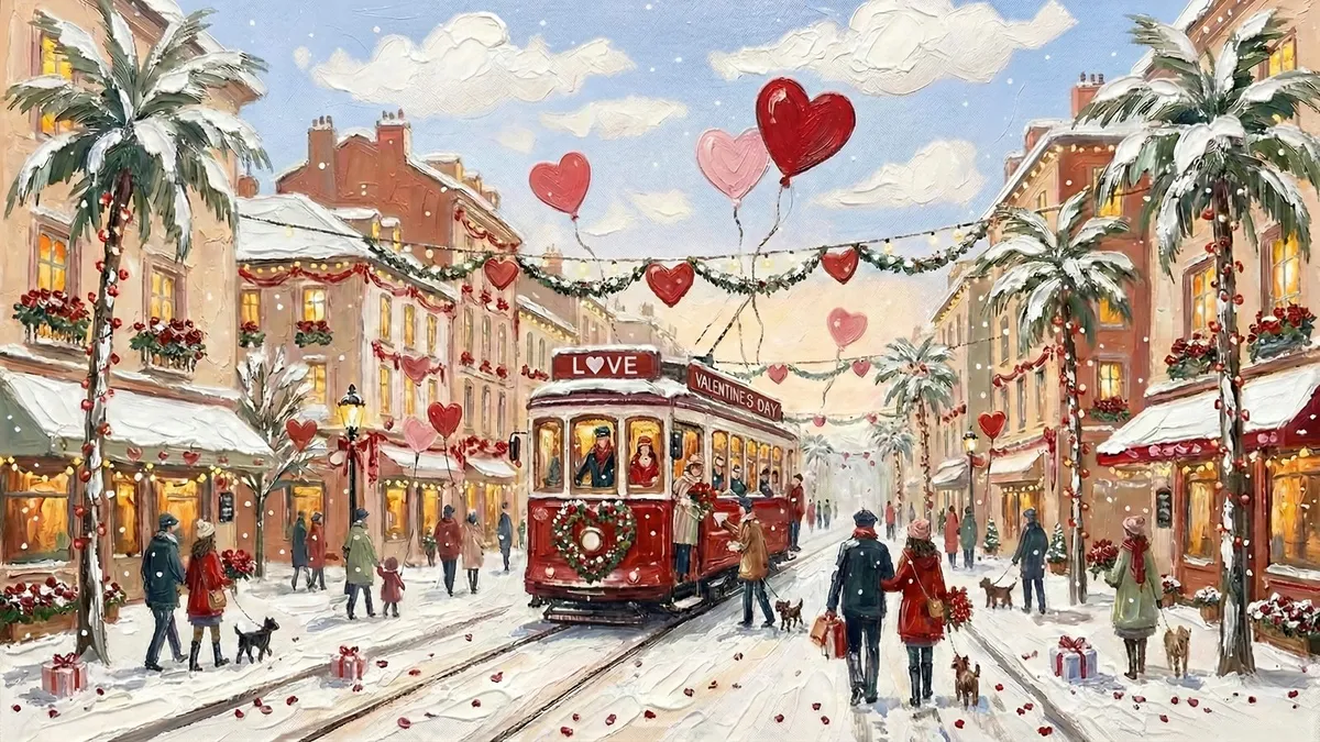 Red Valentine's Day tram on a snowy street with heart balloons, garlands, snowy palms and strolling people
