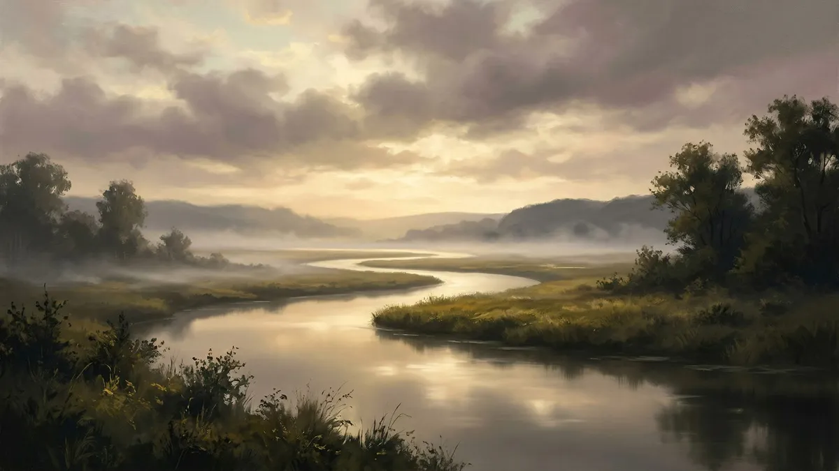 Misty River Sunset Landscape shown on your frame