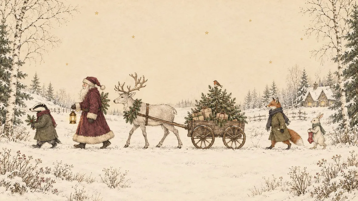 Santa with a lantern leads a reindeer pulling a wagon, a badger, a fox and a rabbit through a snowy field