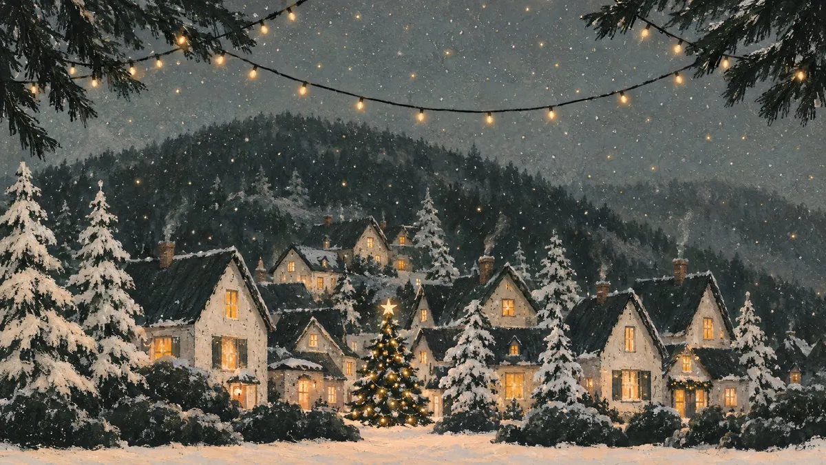 Snowy night village of cream houses with amber windows, a decorated tree with a star, and string lights across the sky