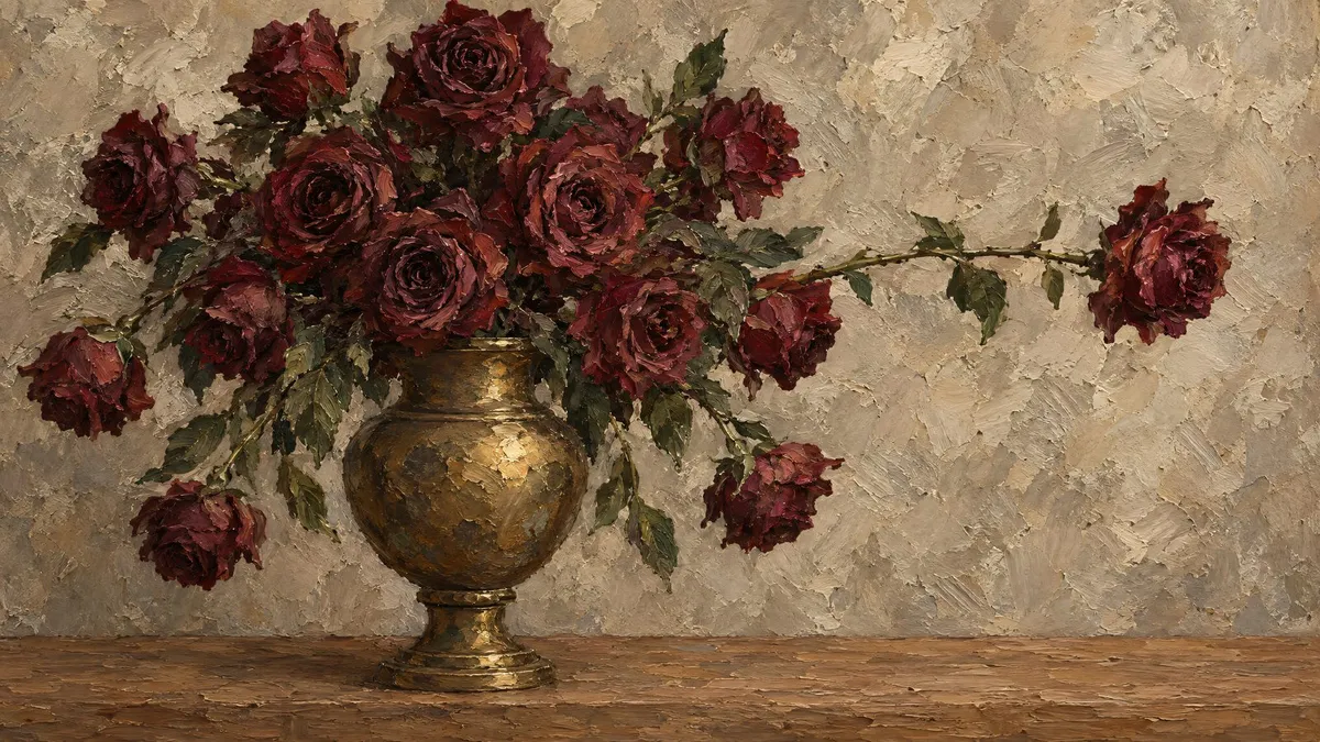 Burgundy roses in a brass urn-shaped vase on a wooden tabletop against a mottled plaster-like backdrop