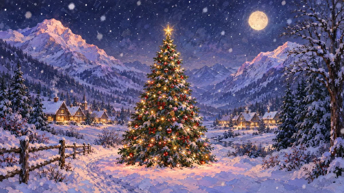 Lit Christmas tree in a snowy mountain village with cottages and a full moon