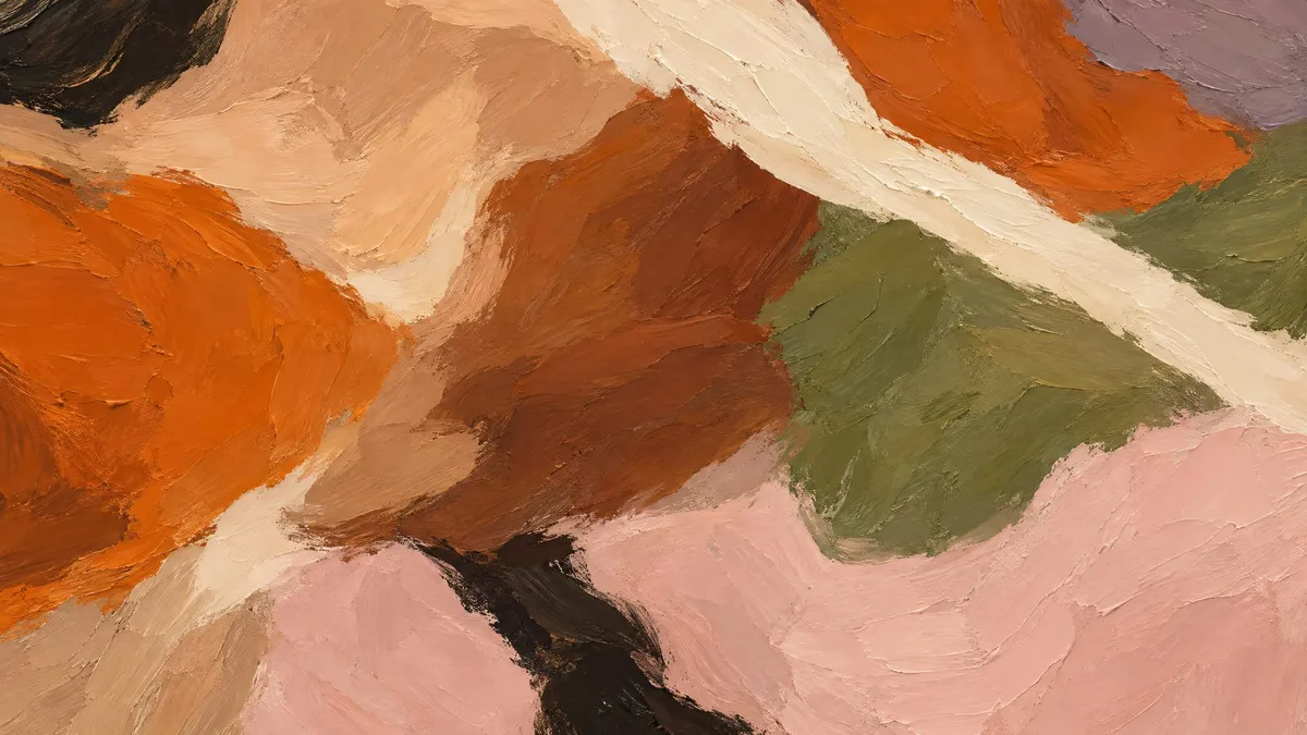 Overlapping organic color blocks in burnt orange, rust, olive and blush with a cream diagonal stroke