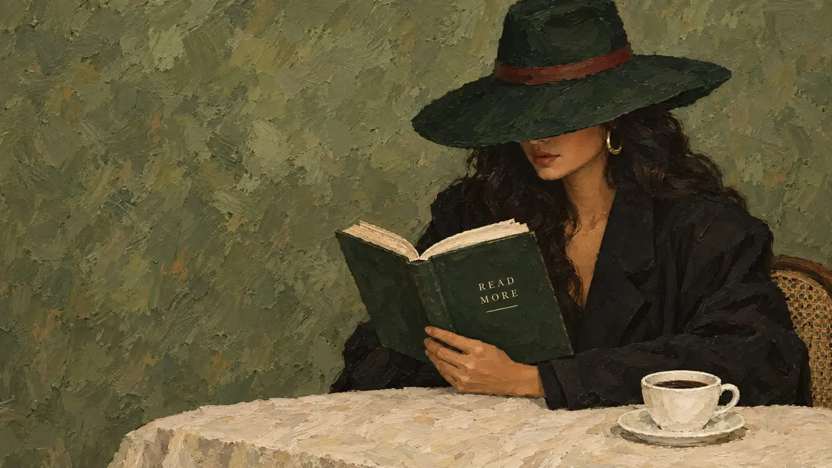 Woman in a wide-brimmed green hat reading an open book at a table with a white cup and saucer