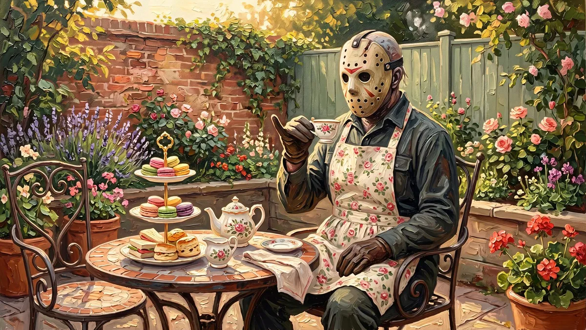 Hockey-masked figure in a floral apron sipping tea at a garden table with a tiered cake stand, roses and lavender