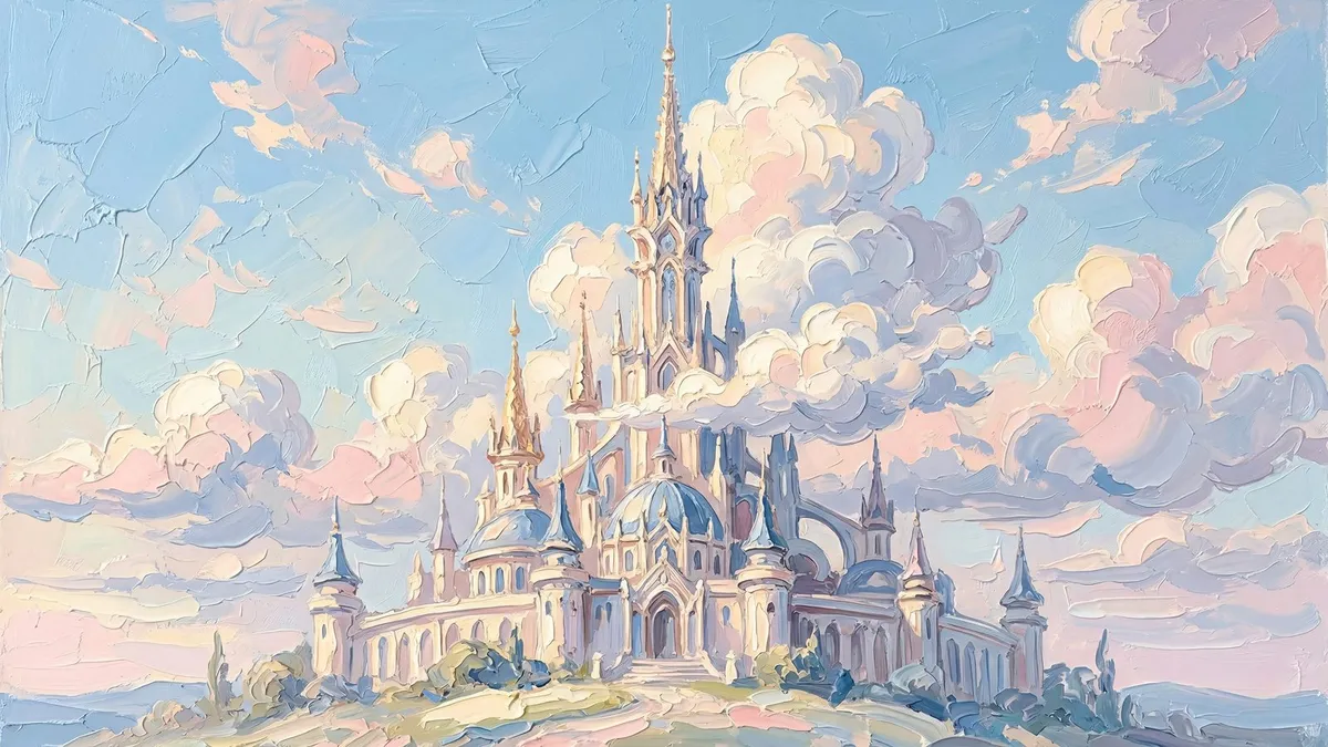 Painted white castle with many spires on a hill, surrounded by pink and cream clouds in a blue sky