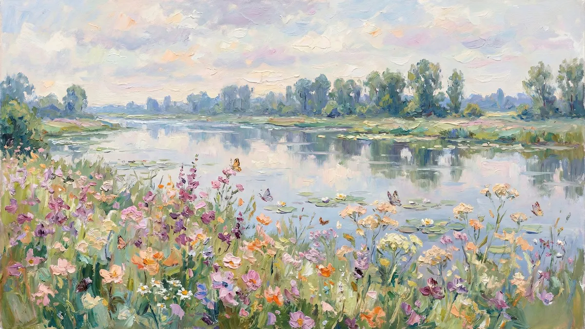 Spring Wildflower River Landscape shown on your frame