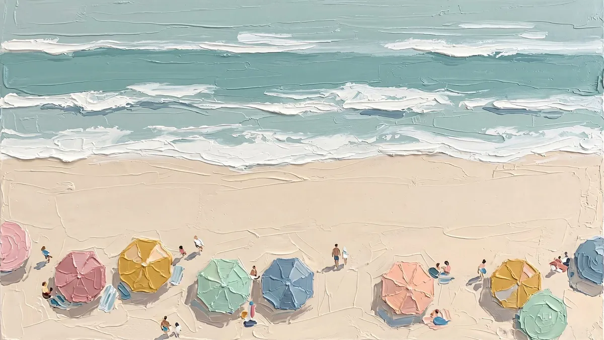 Aerial view of pastel beach umbrellas and tiny figures on cream sand beside foamy turquoise waves