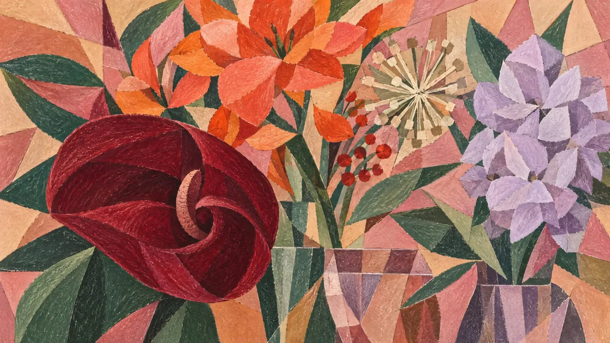 Cubist-style bouquet of burgundy, coral and lavender flowers in faceted peach and rose panels
