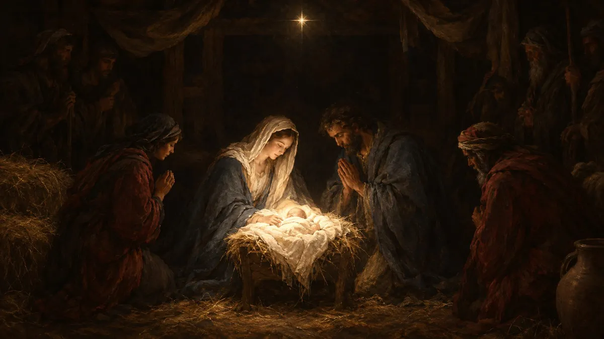 Nativity in a dark wooden stable: kneeling parents and shepherds around a swaddled infant in a manger, star above