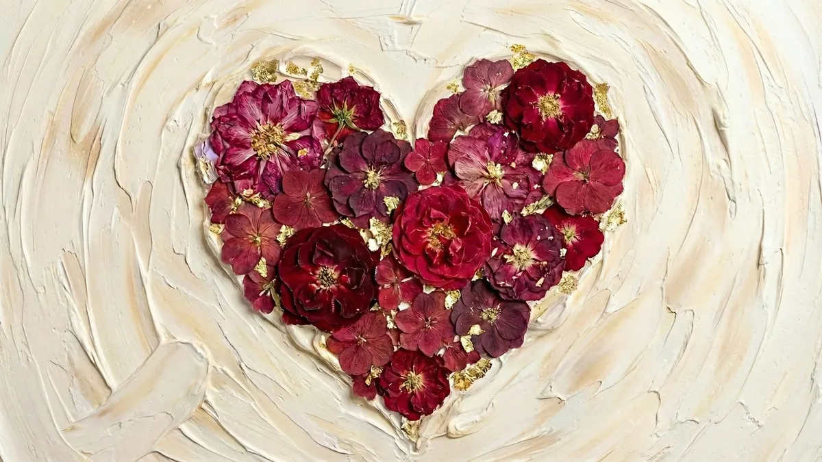 Heart made of pressed dark red and magenta roses with gold flecks, set on swirled cream paint