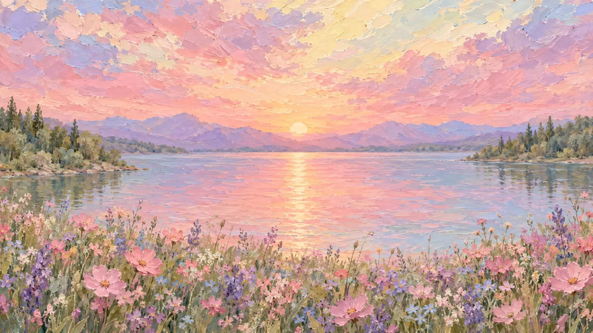 Sunset over a calm lake with distant mountains and a foreground meadow of pink and lavender wildflowers