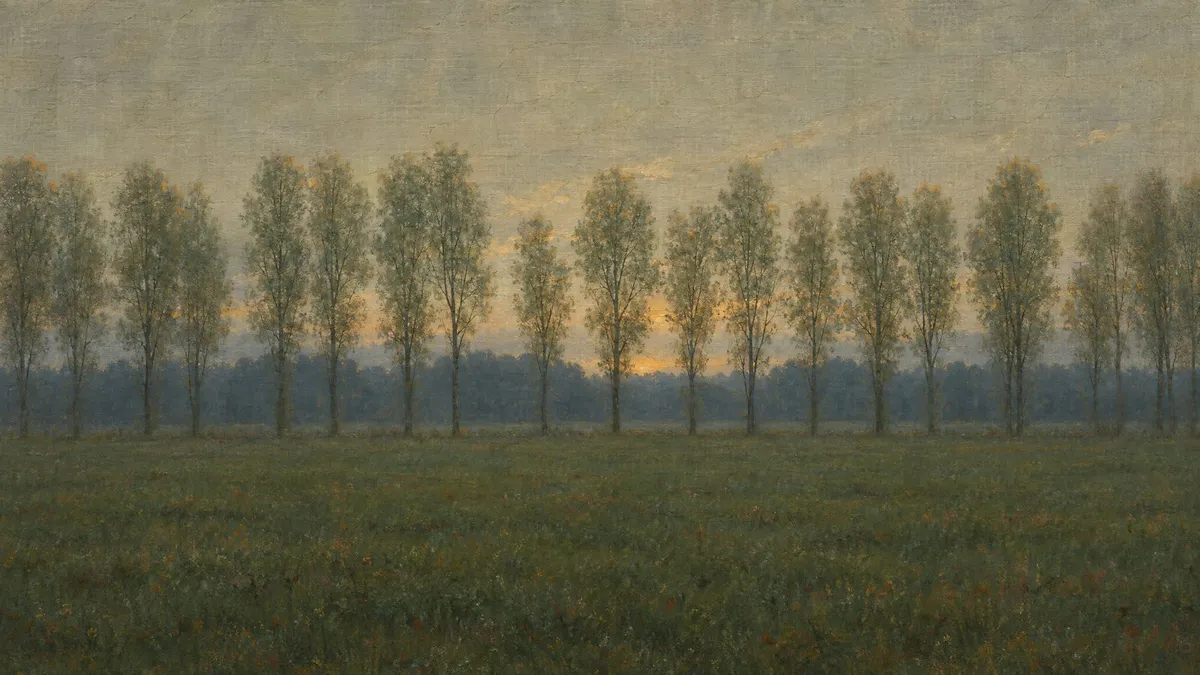 A row of tall slender poplars stands across a misty green meadow beneath a hazy dusk sky with a faint golden glow
