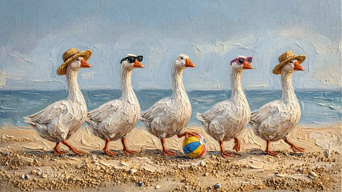 Whimsical Beach Geese shown on your frame