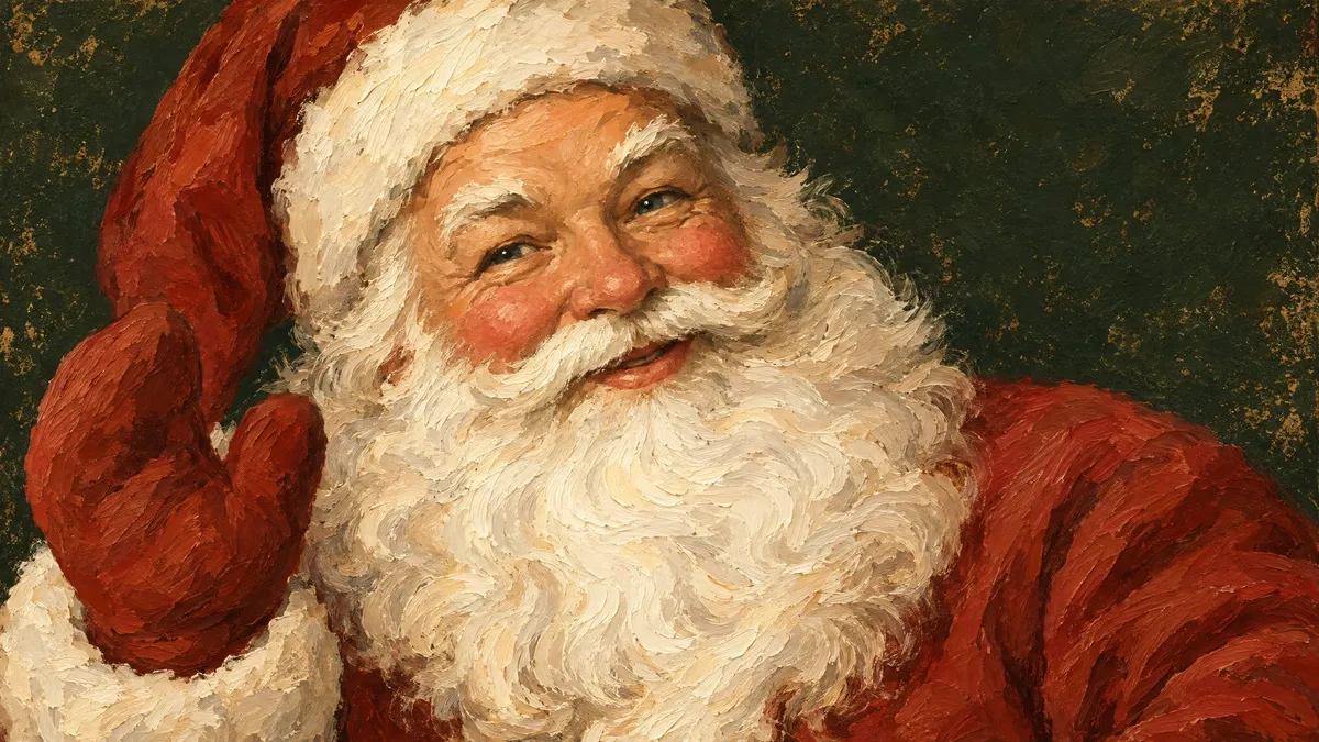 Oil painting of a smiling Santa Claus in a red hat with a thick white beard on a dark green background