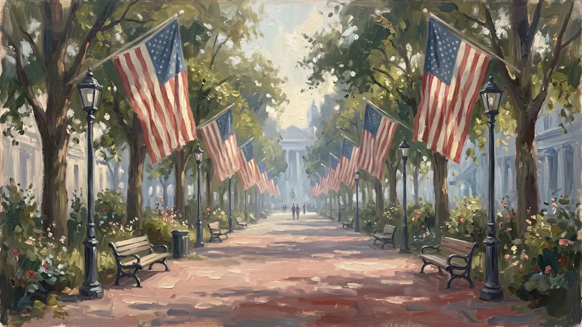 Tree-lined path with benches, lamp posts and hanging American flags leading to a hazy columned building