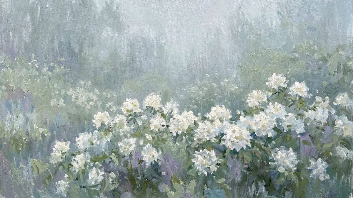 Impressionist oil painting of white blossom clusters in a soft grey-green mist