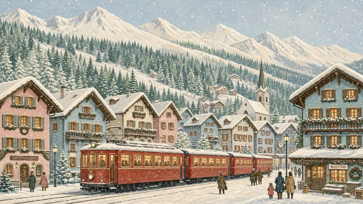 Snowy Alpine Christmas Village shown on your frame