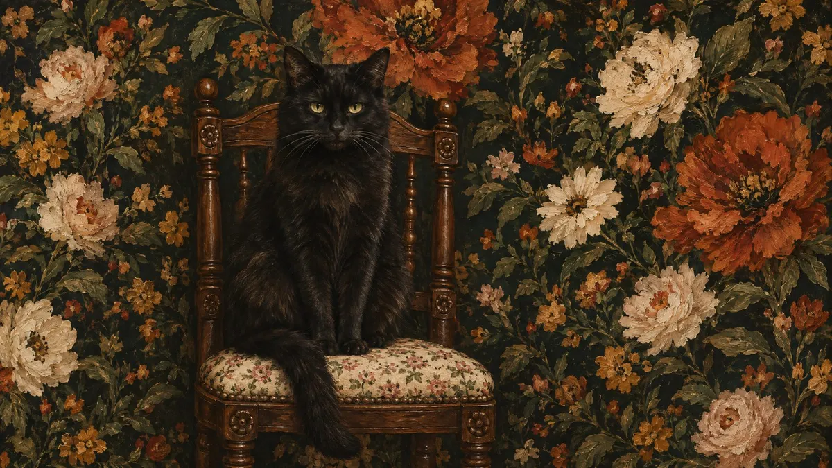 Black cat with pale eyes sits upright on a carved wooden chair against a dense backdrop of red, cream and ochre flowers