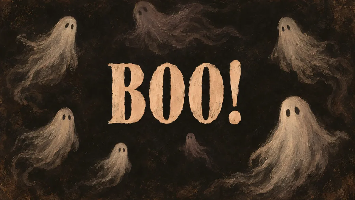 Cream hand-painted BOO! lettering centered on a dark ground, surrounded by floating smoky ghosts