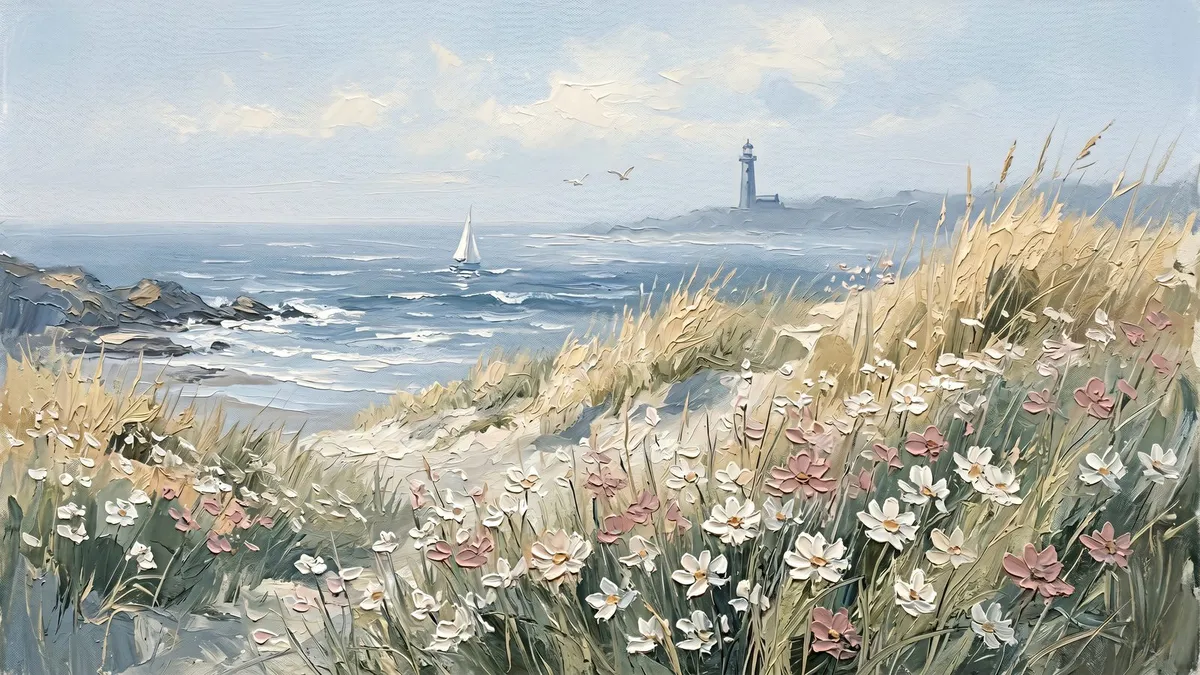 Coastal Lighthouse Ocean Painting Beach shown on your frame
