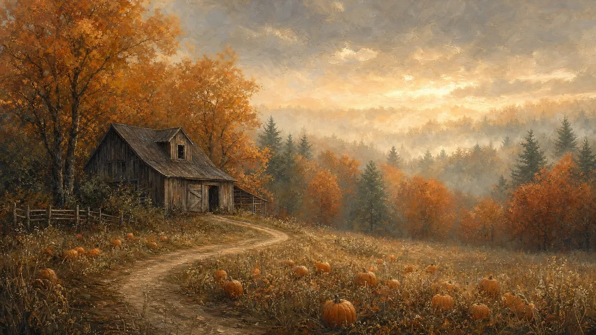Foggy Barn Pumpkin Field shown on your frame