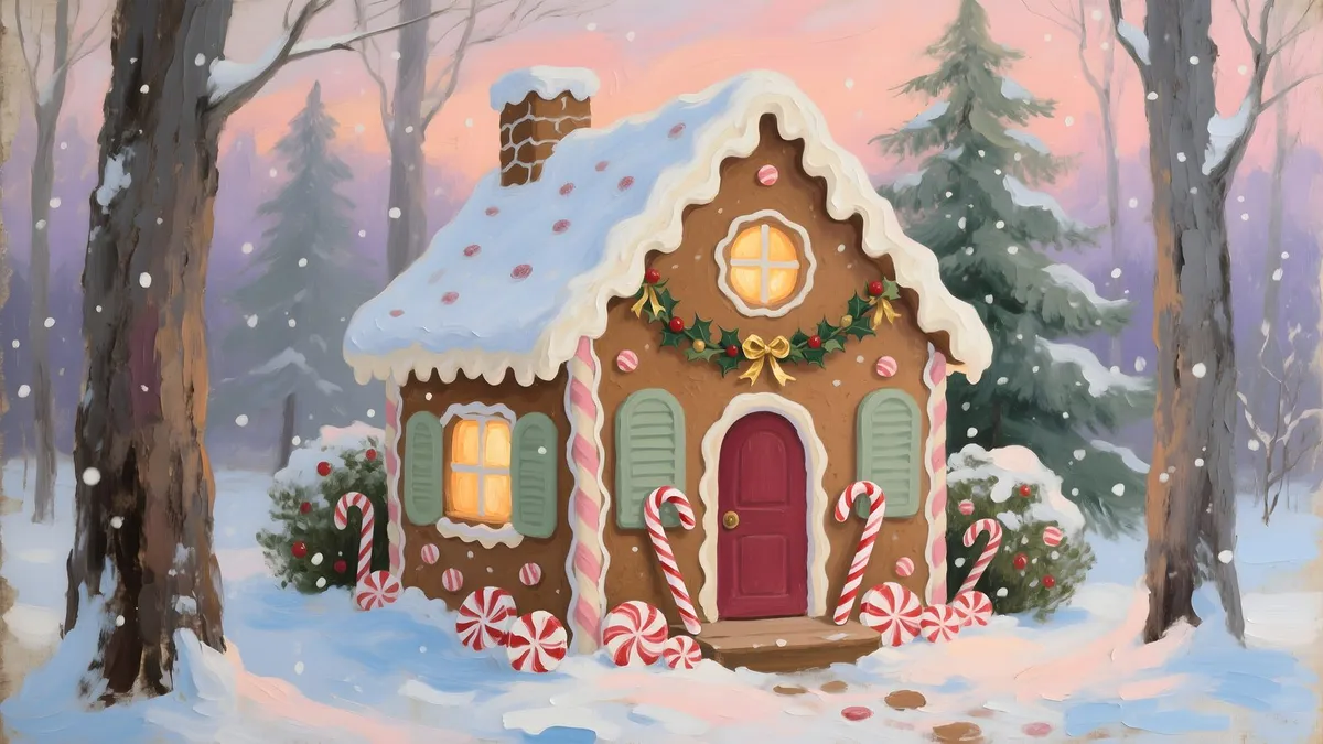 Whimsical Gingerbread House Christmas shown on your frame