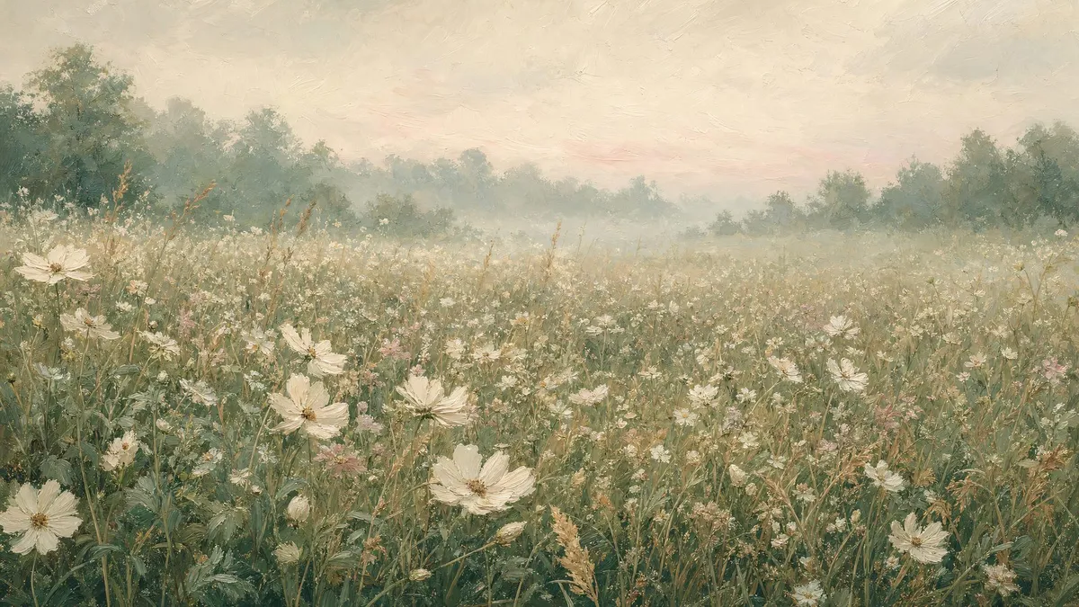 Impressionistic meadow of white wildflowers and tall grass beneath a misty tree line and pale cloudy sky