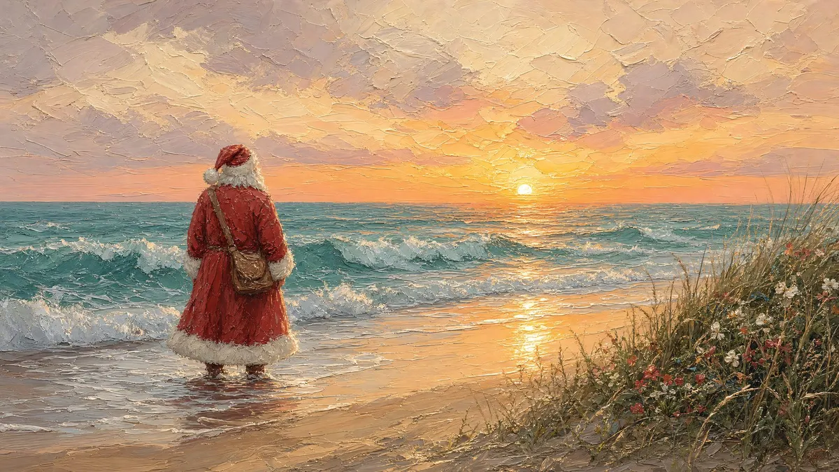 Santa in a red fur-trimmed coat seen from behind, standing in shallow surf at sunset beside a grassy dune