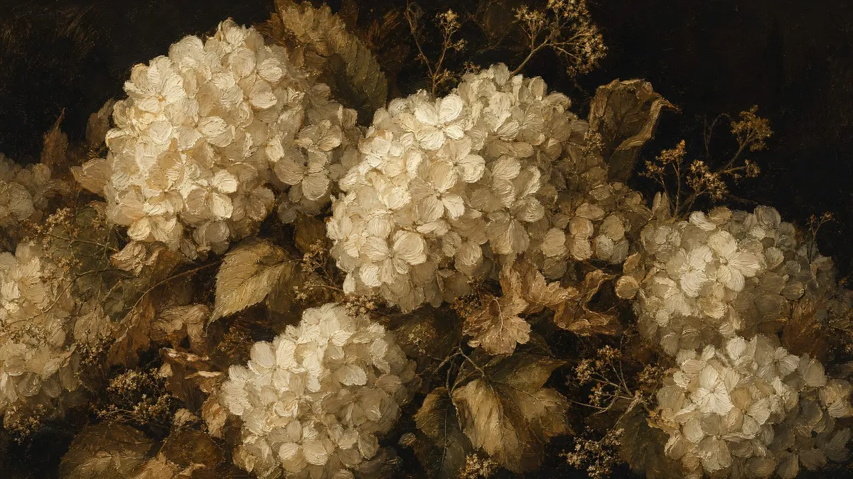 Cluster of white and cream hydrangea blooms with dried stems and tan autumn leaves against a dark background