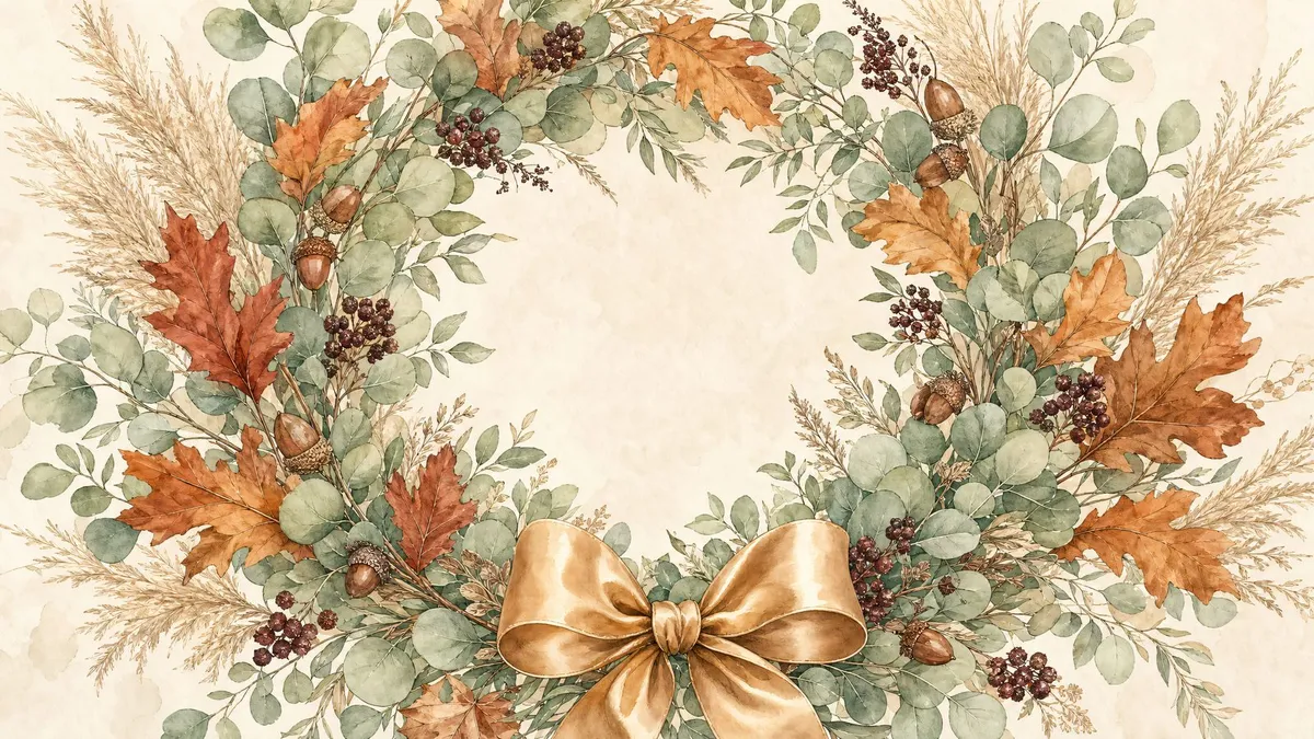 Round wreath of eucalyptus, rust oak and maple leaves, acorns and berries with a satin bow on soft ivory