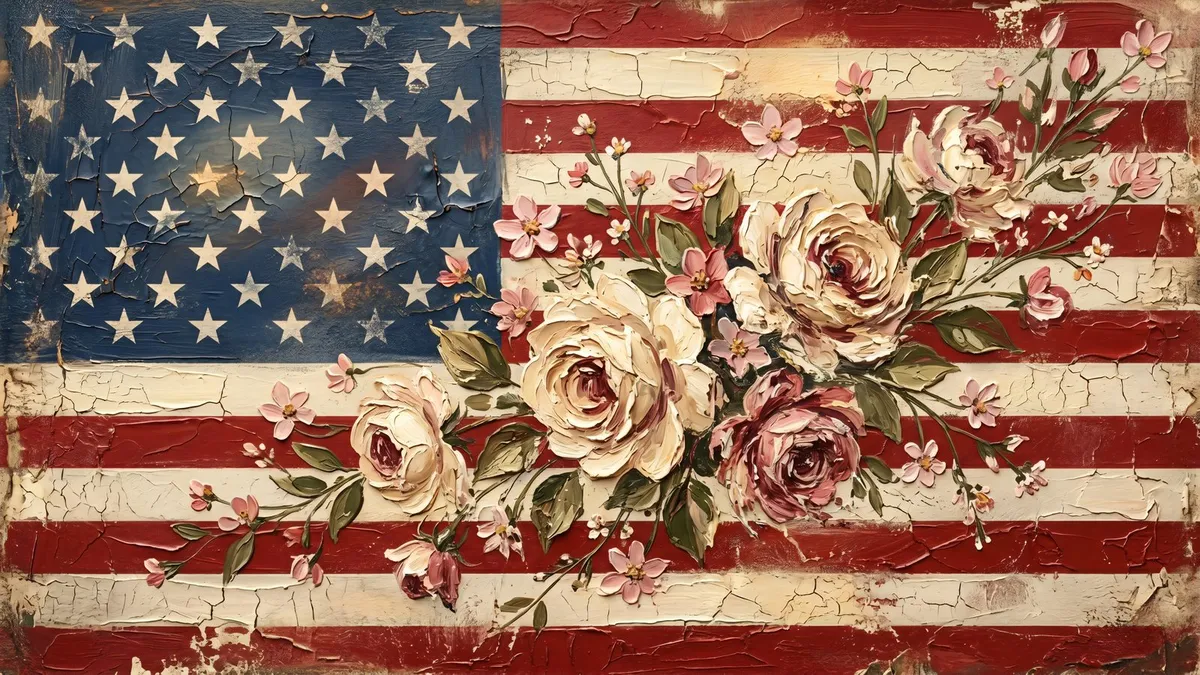Cracked, weathered American flag with a bouquet of cream and dusty-pink roses painted across the stripes