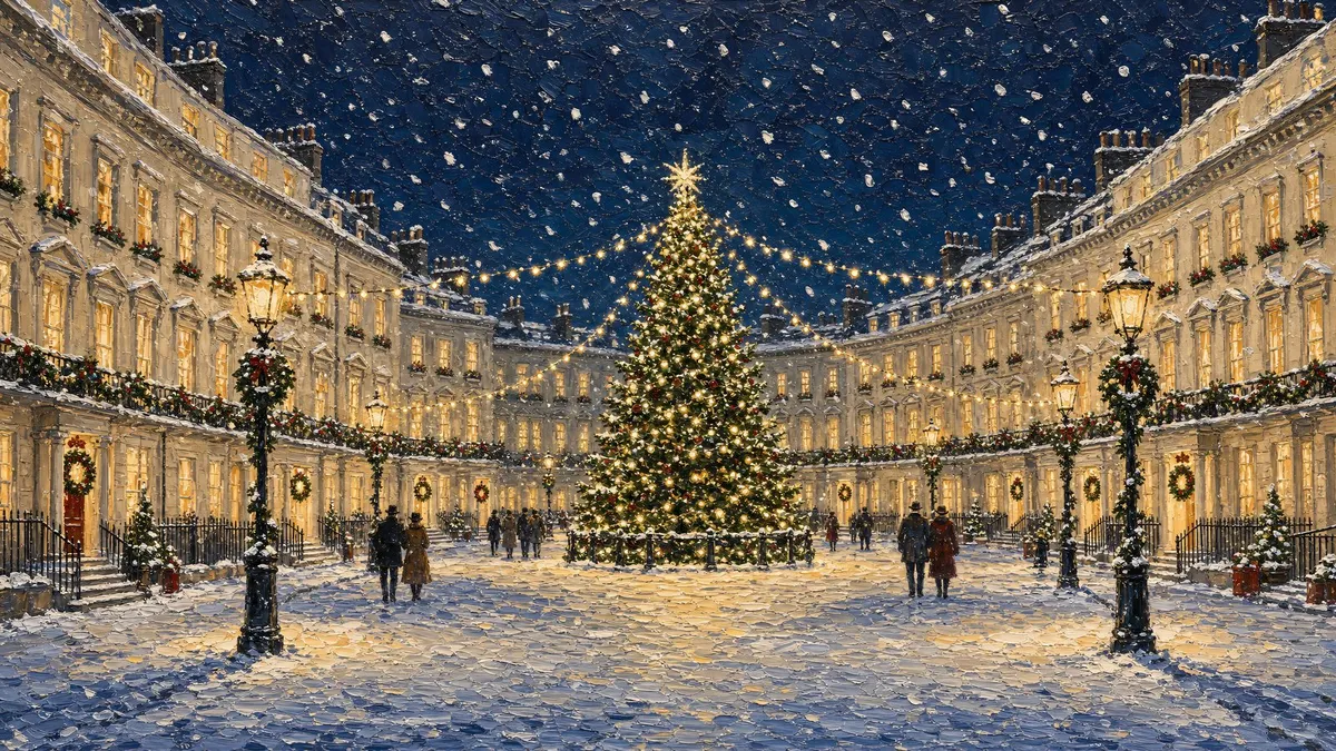 Night view of a snowy town square with a tall lit Christmas tree and a curved terrace of glowing townhouses