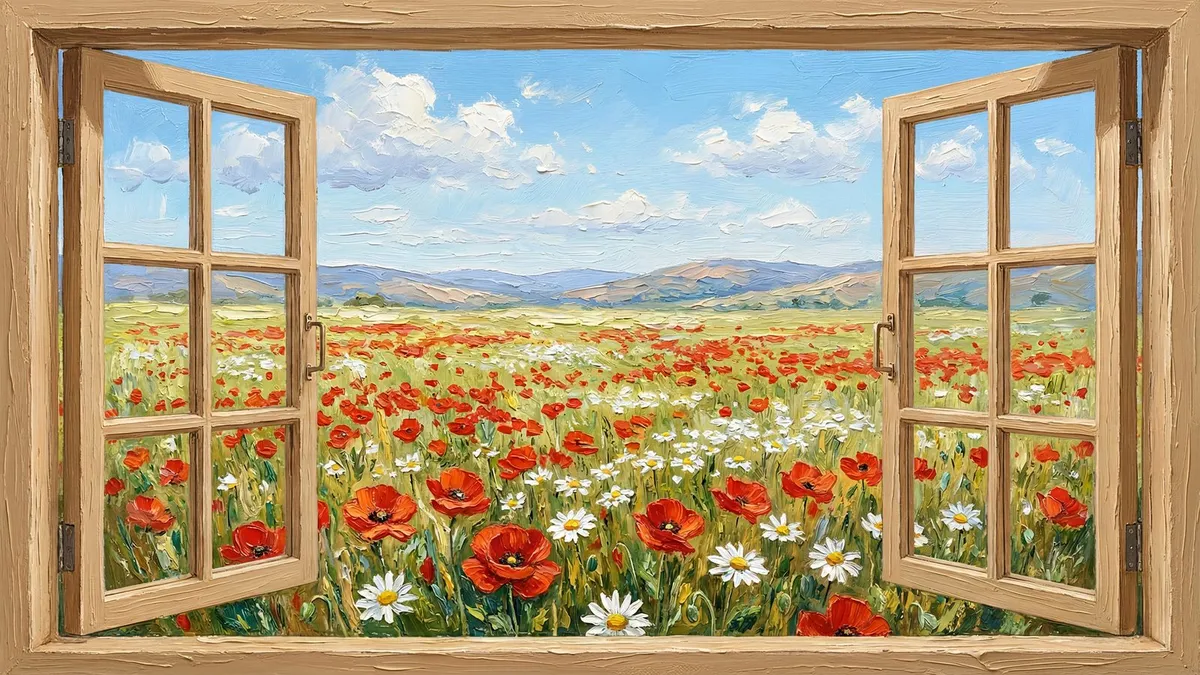 Spring Poppy Field Window shown on your frame