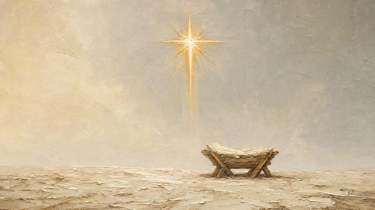Radiating star above an abstract empty manger against a hazy beige sky and textured ground