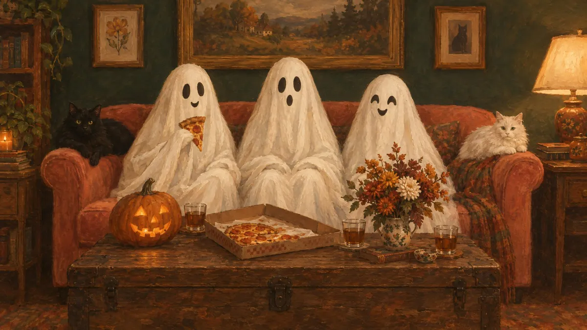 Three sheet ghosts on a coral sofa with pizza, two cats, a jack-o'-lantern and a table lamp in a cozy living room