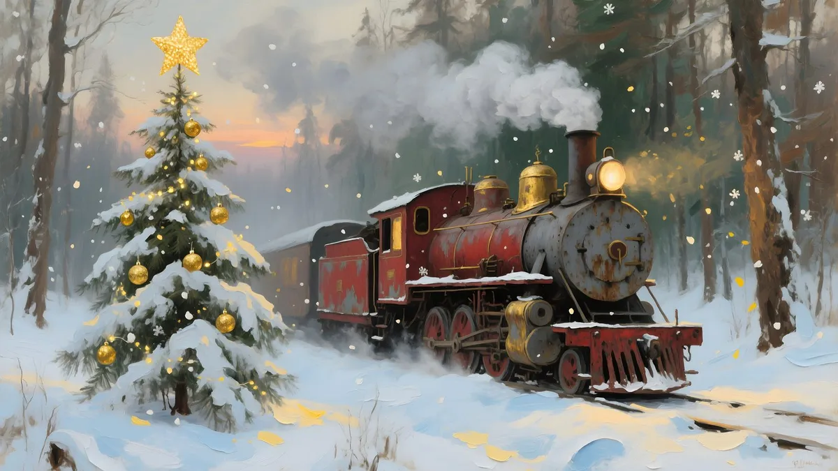 Vintage Christmas Train Forest shown on your frame