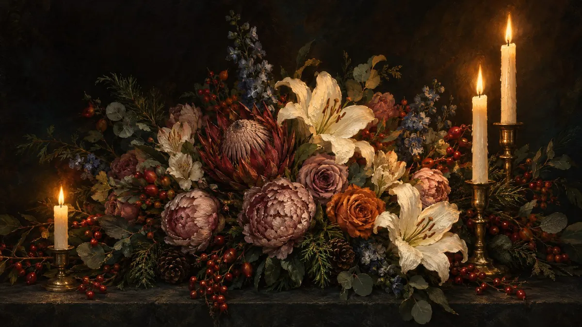 Candlelit Holiday Floral Still Life shown on your frame