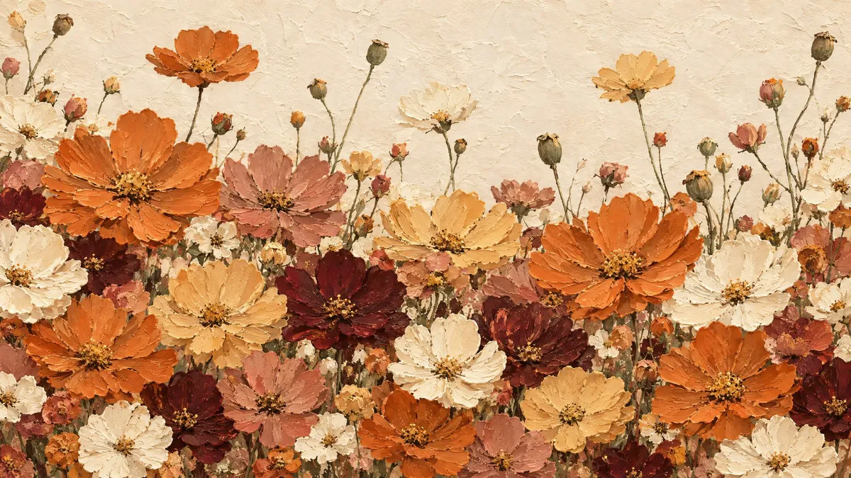 Dense meadow of burnt orange, marigold and burgundy wildflowers with tall thin stems and seed pods on ivory