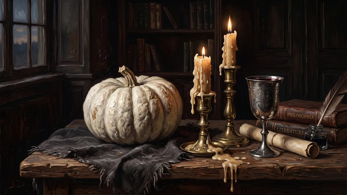White Pumpkin Still Life Candle shown on your frame