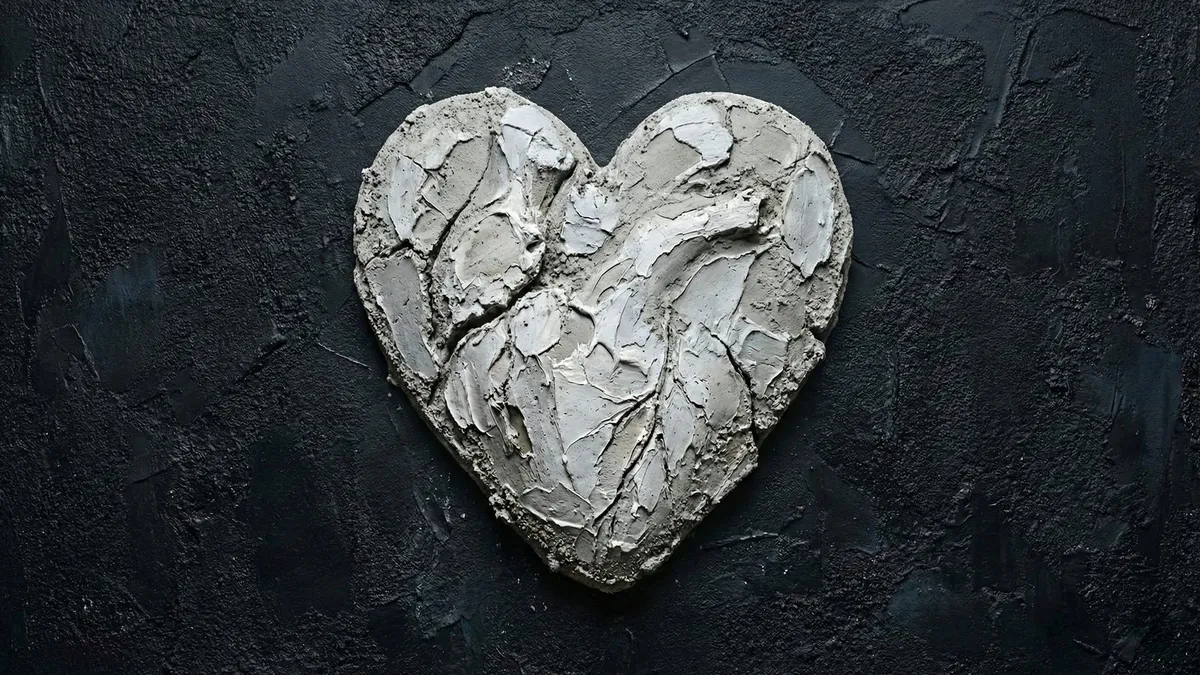 Heart shape in pale grey plaster with cracked, veined texture on a black textured wall