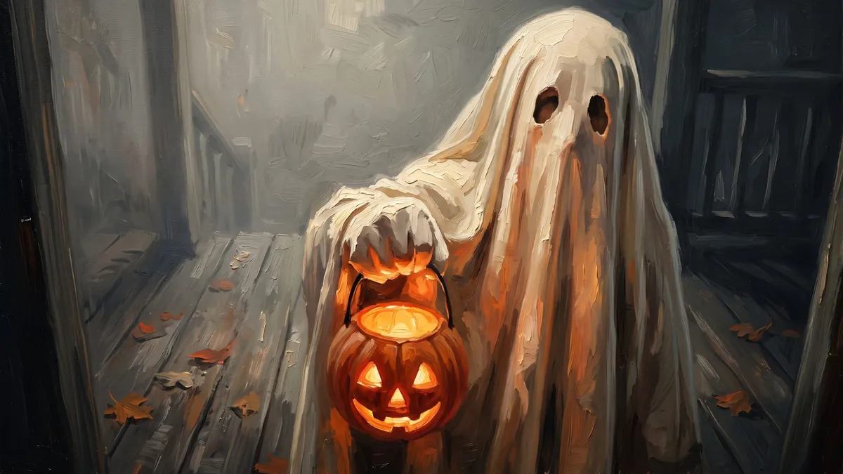 Sheet ghost holding a glowing jack-o'-lantern pail on a wooden porch scattered with fallen leaves