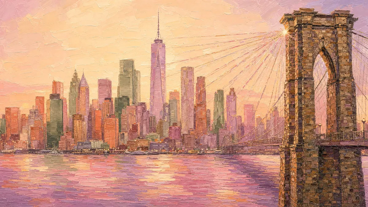 Rosy Sunset NYC Skyline shown on your frame