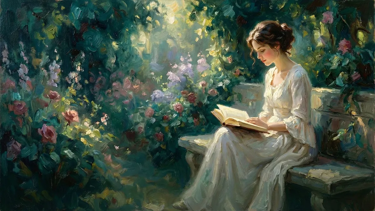 Romantic Garden Woman Reading shown on your frame