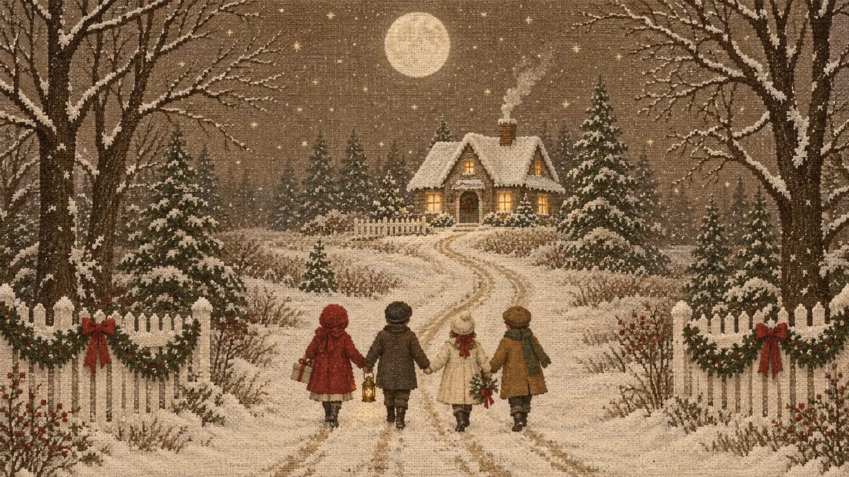 Four children in winter coats walk a snowy lane toward a lit cottage under a full moon