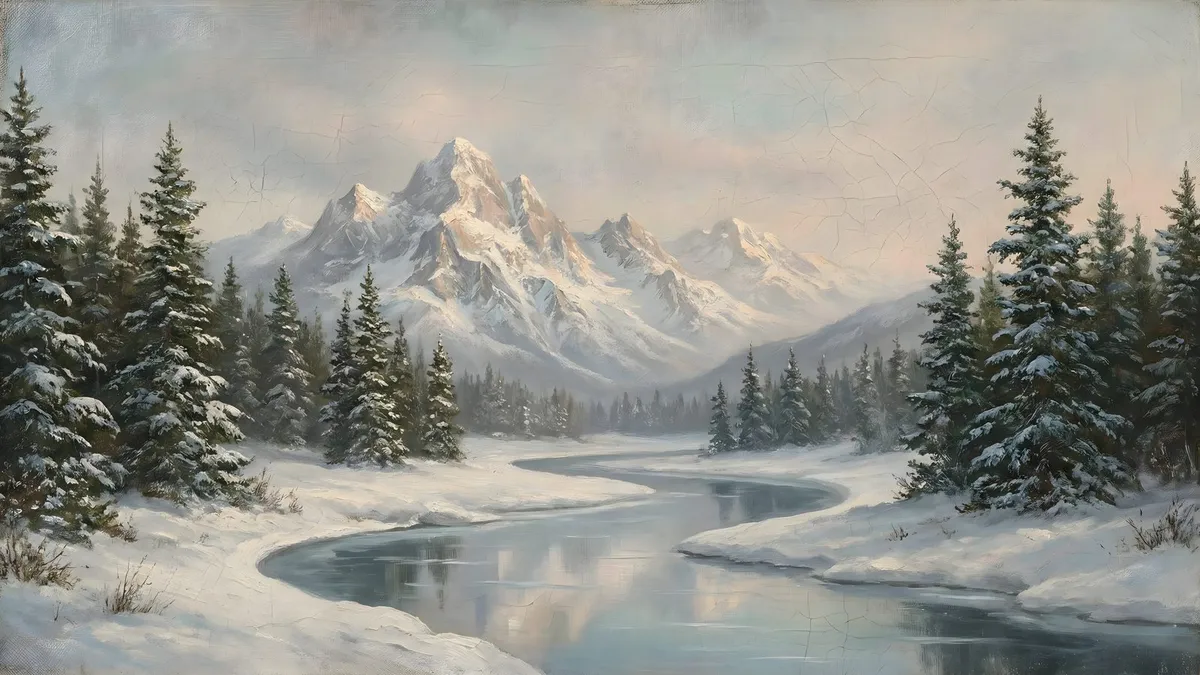 Classic Snowy Winter River shown on your frame