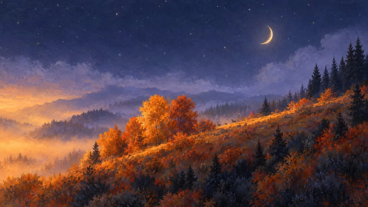 A crescent moon over a starry sky and a hillside of glowing orange autumn trees, with dark spruces at upper right