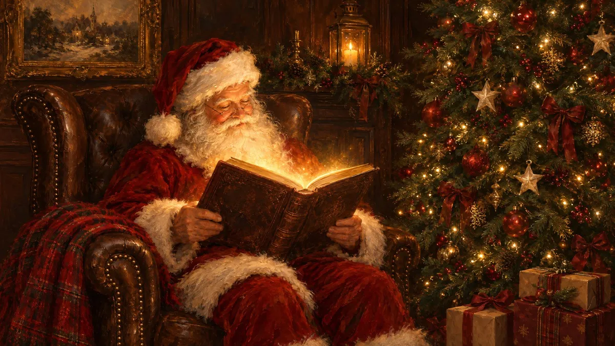 Santa in spectacles reading a glowing book in a brown leather armchair beside a decorated Christmas tree and gifts