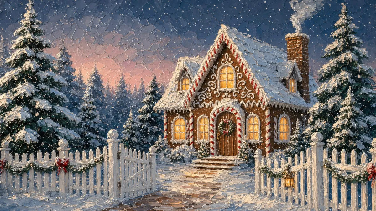 Snowy Gingerbread Cottage shown on your frame