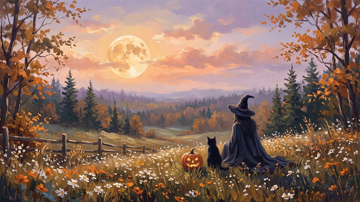 Autumn Witch Moonrise Meadow shown on your frame